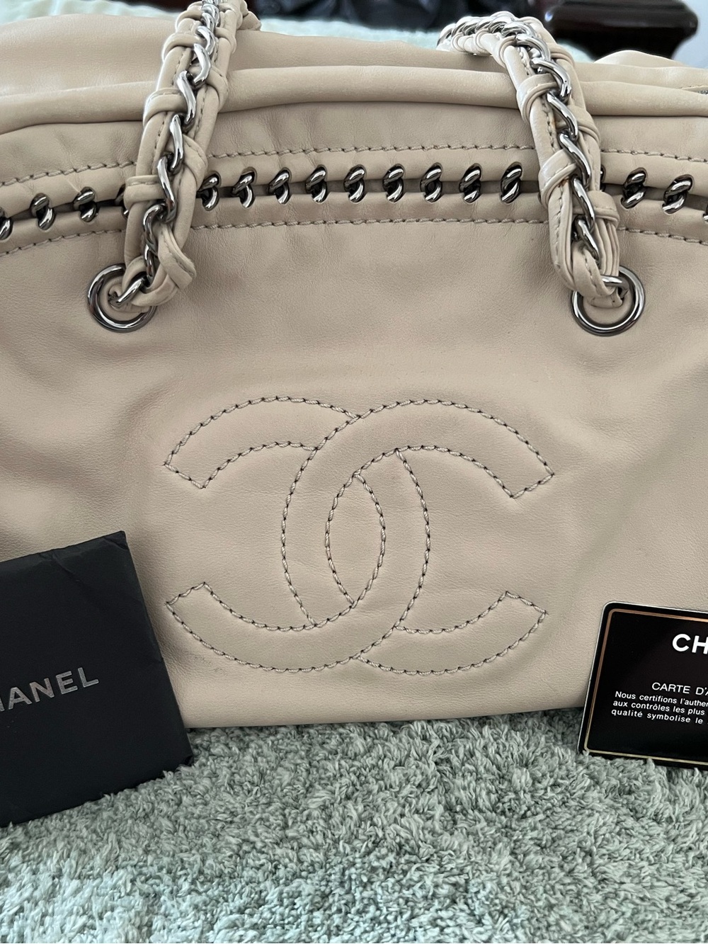 CHANEL Beige Leather Chain-Trim Satchel Bag